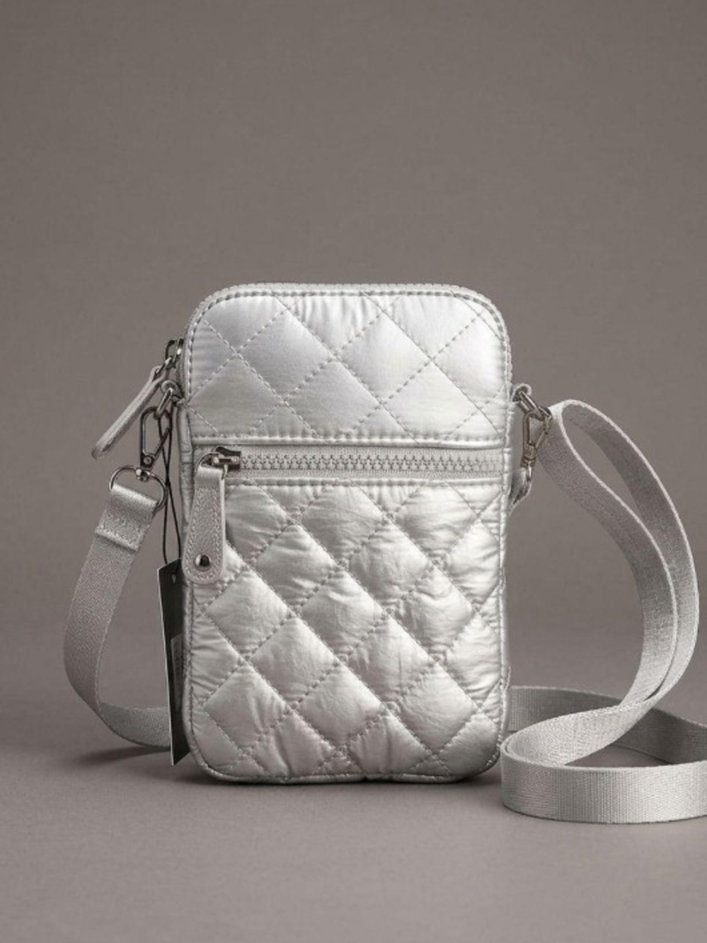Quilted Metallic Silver Crossbody Shoulder Bag